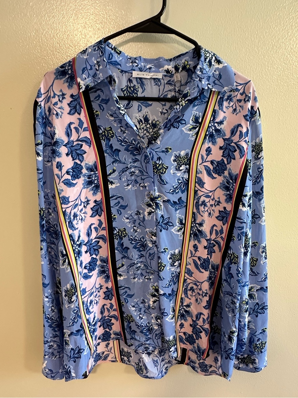 NWT Elie Tahari Floral Mixed Print Blouse Blue Pink Long Sleeve Large